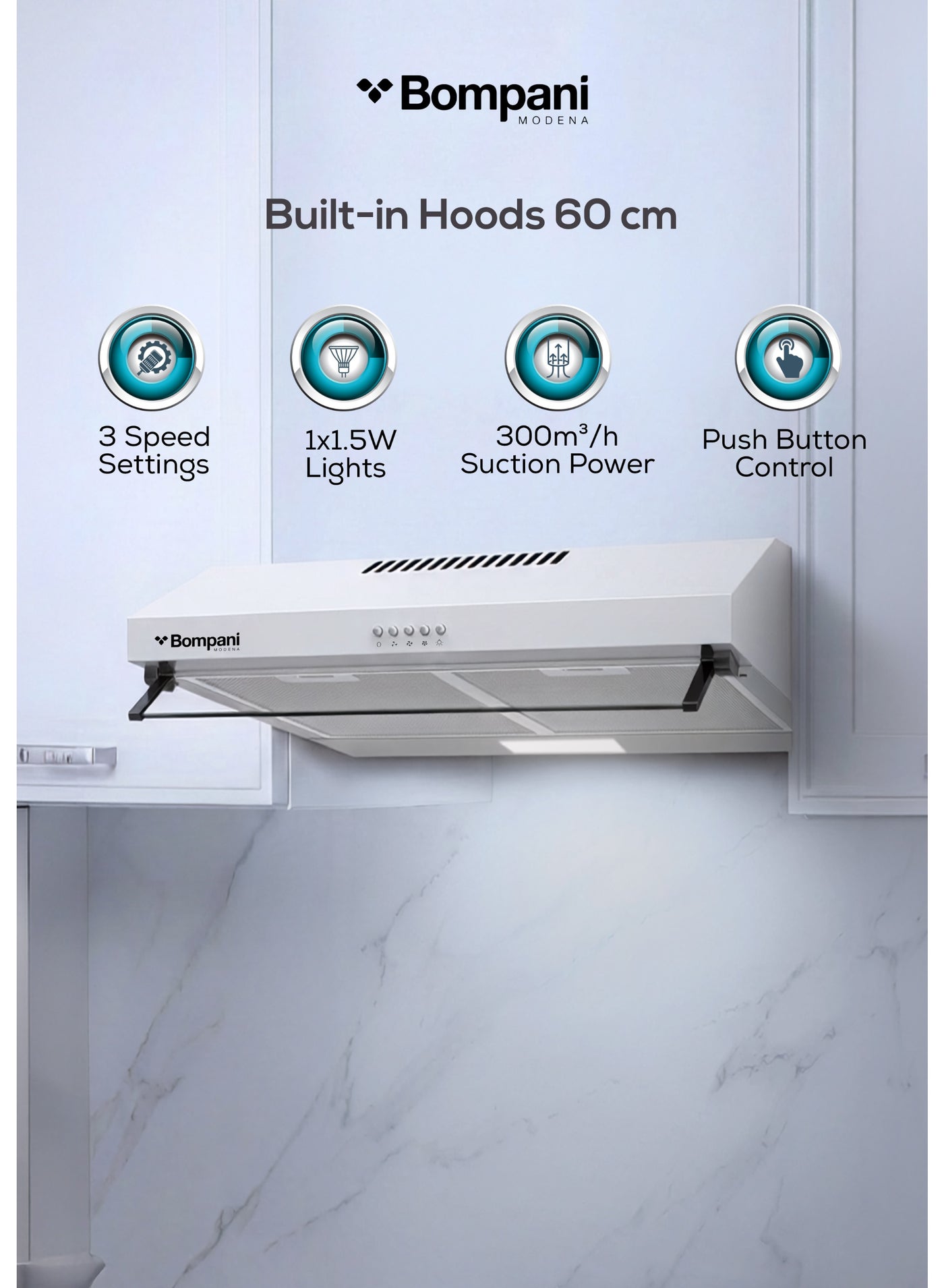 Compare 60cm BuiltIn Hood  3 Speed Push Button Control, 300m³h Extraction, LED Light, Aluminum & Carbon Filters  H1160WN BuiltIn 61.5 W H1160WN White at KSA Price