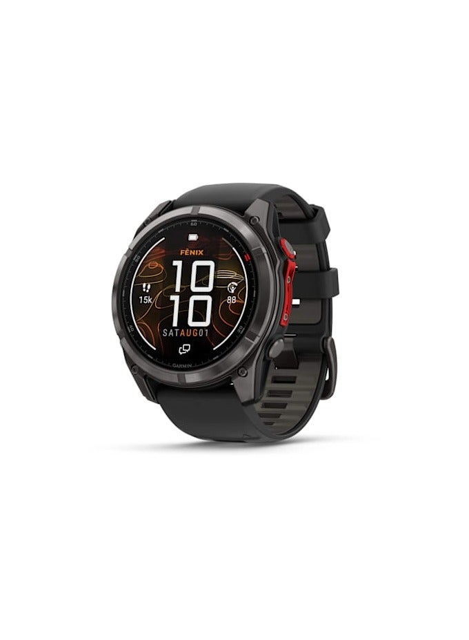 Compare Fenix 8 Pro  51MM  MicroLED Sapphire lens, Carbon Gray DLC Titanium with BlackPebble Gray  Up to 10 Days of Battery Life   1.4 MicroLED Display, sapphire crystal, Heart Rate Monitor, All day stress monitor, Gps tracking, Super bright LED flashlight, iOS and Android compatible Black at KSA Price