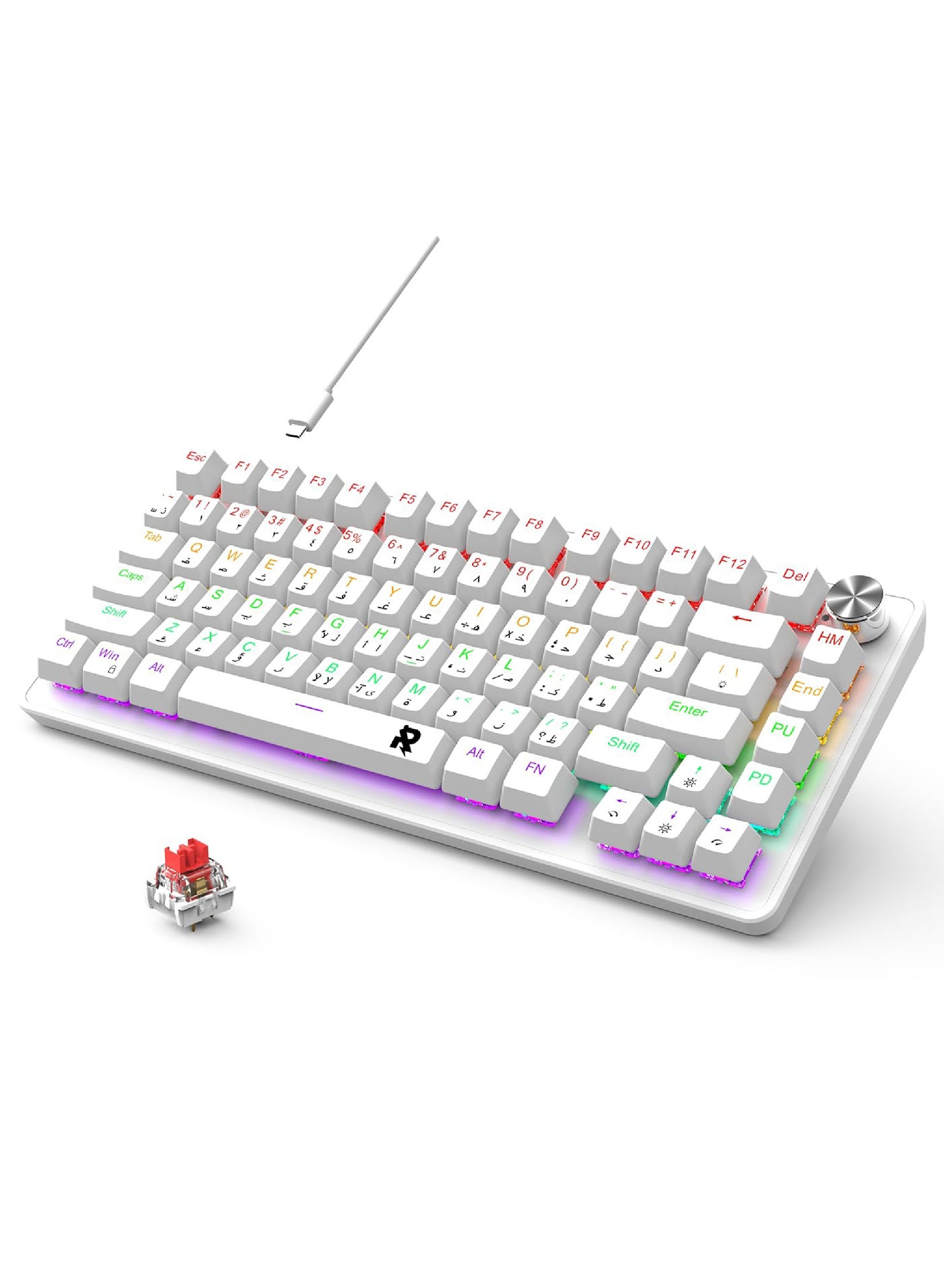 Compare ROCK POW 70% Gaming Keyboard,Arabic English 82 Keys Mechanical Keyboard with RGB Backlit 19 Modes,Volume Lighting Knob Wired Mini PBT Keycaps for PC Gaming and Working Red Switch White at KSA Price
