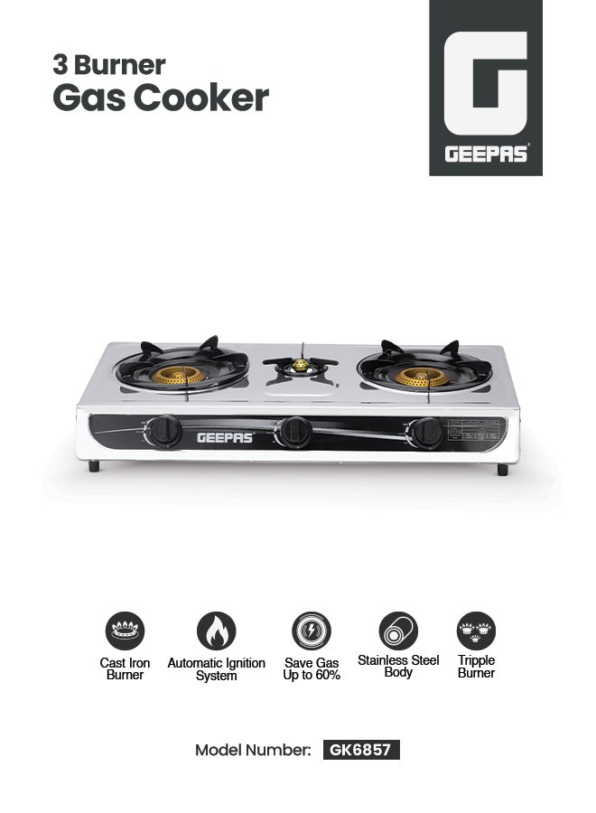 Compare Gas Cooker, 3 Energy Efficient Burners With Heavy Cast Iron Mixing Tube| Low Gas Consumption And Saves 60% Gas| Auto Ignition System, LPG Gas Stove| Perfect For Home, Restaurants, Apartments GK6857 Silver at KSA Price