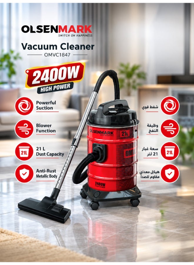 Olsenmark Vacuum Cleaner 2400W, 21L Dust Bag…