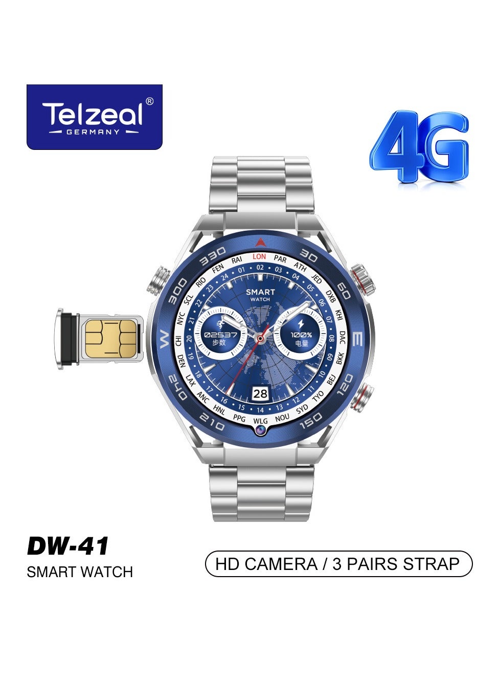 Compare Telzeal Germany DW41 4GB+64GB 1.53 Inch Full Curved Display, 4G Smart Watch With Sim Slot Front Camera and 3 Pair Straps For Gents and Boys at KSA Price