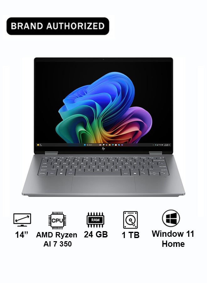 Compare OmniBook X Flip 14fk0014ne AMD Ryzen AI 7 350  24GB RAM  1TB SSD  AMD Radeon 860M  14inch 3K Touchscreen  Silver,CA8J9EA Meteor silver at KSA Price