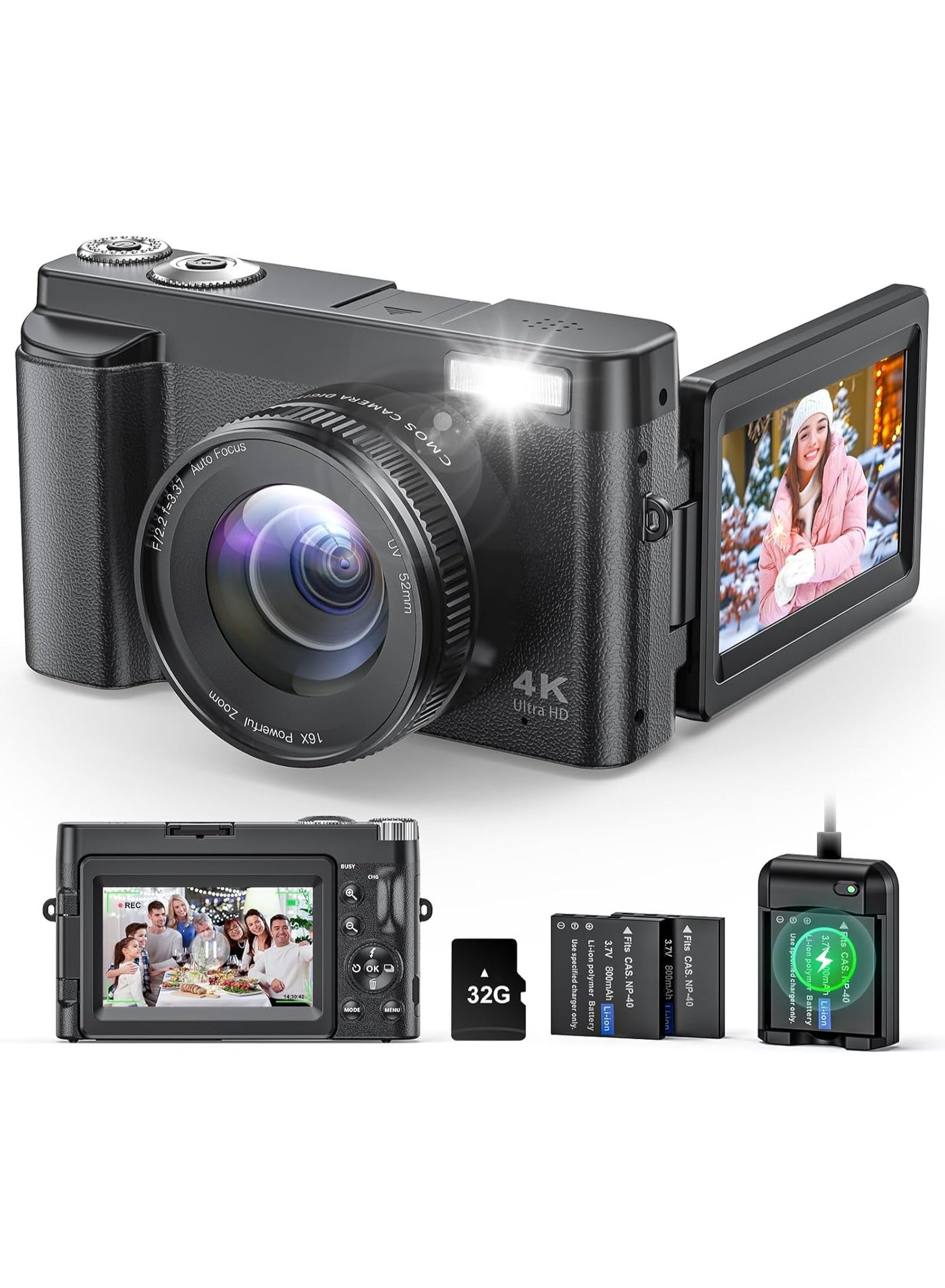 Compare 4K Digital Camera for Photography and Video, Autofocus AntiShake 48MP Vlogging Camera for YouTube, 3 180°Flip Screen Camera with Flash 16X Zoom, Digital Camera with 32GB Card Battery Charger Black at KSA Price