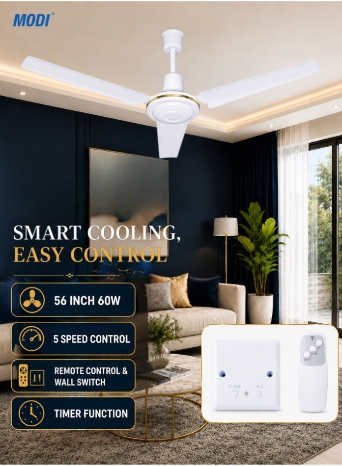 56 Inch 60W Ceiling Fan, 3 Blade Indoor Cooling…