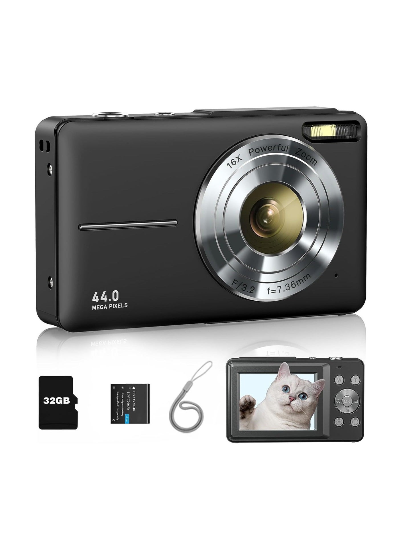 Compare Digital Camera for Kids, FHD 1080P 44MP Point and Shoot Camera with 32GB SD Card, 16X Zoom, Compact Digital Camera with Lanyard, Gift for Boys and Girls – Black at KSA Price