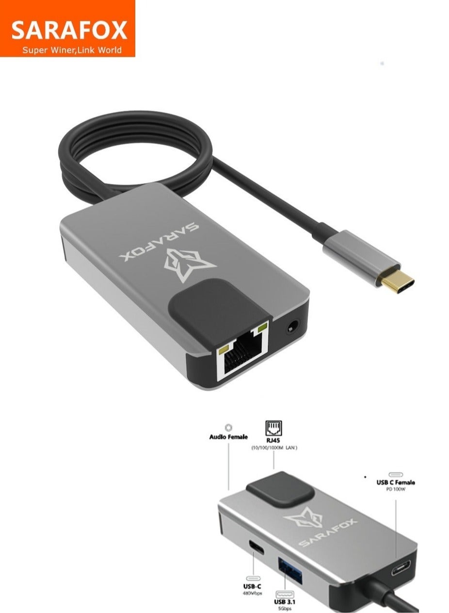 Compare Sarafox 5 in 1 USBC Converter and Hub with Type C and 3.5mm Audio, USB A 3.1 , 1000Mbps RJ45 Ethernet, 100W PD Fast Charging – Designed for Gaming & Live Streaming, Compatible with RedMagic, iPad, iPhone 151617 Series & Android Devices at KSA Price