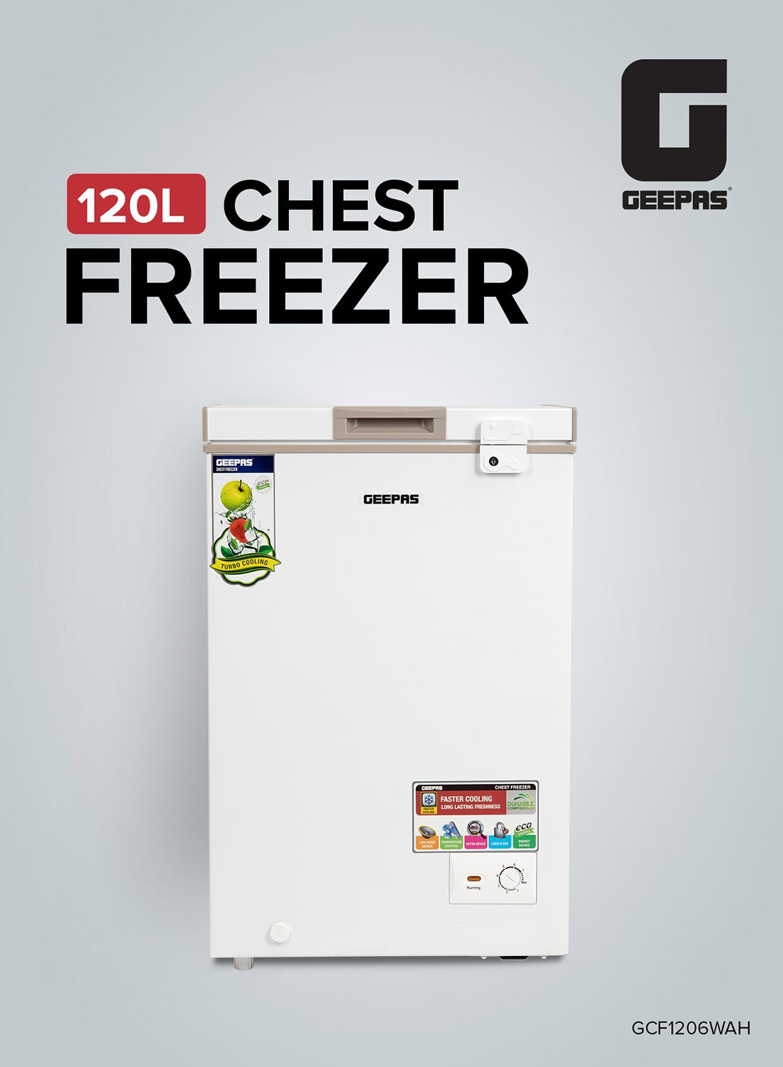Compare 120L Gross100L Net Capacity Free Standing Chest Freezer With Compressor Switch Off Function, LED Light, Lock & Key, High Efficiency Monolithic Foaming, 1 Food Basket, Adjustable Thermostat 120 L 100 W GCF1206WAH White at KSA Price