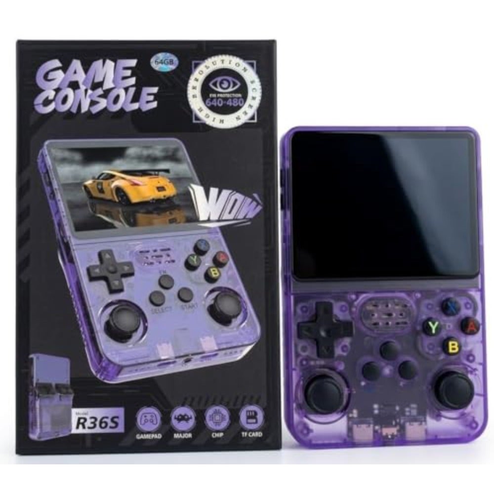Compare R36S Portable Retro Game Console 64GB Handheld Gaming System For Home Travel Translucent Purple Assorted Vibrant Colors Compact Design BuiltIn 1000+ Games at KSA Price