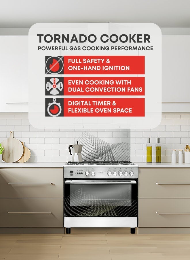 Compare 90x60 cm TORNADO Gas Cooker 5 Sabaf Burners, 4kW Wok, Dual Convection & Cooling Fans, Digital Timer  9T10HLA1X0ASG  1Year Free Warranty at KSA Price
