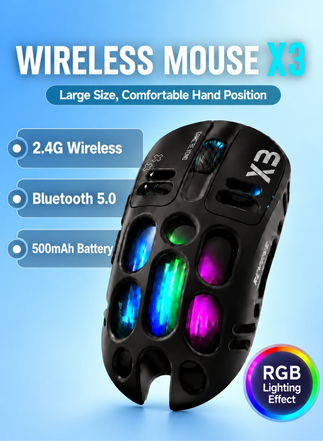 Compare X3 Wireless Gaming Mouse, TriMode Connection, PAW3311 Sensor, 12000 DPI, RGB Backlit, 70g Lightweight Honeycomb Design, Rechargeable Mouse for PC Gaming at KSA Price