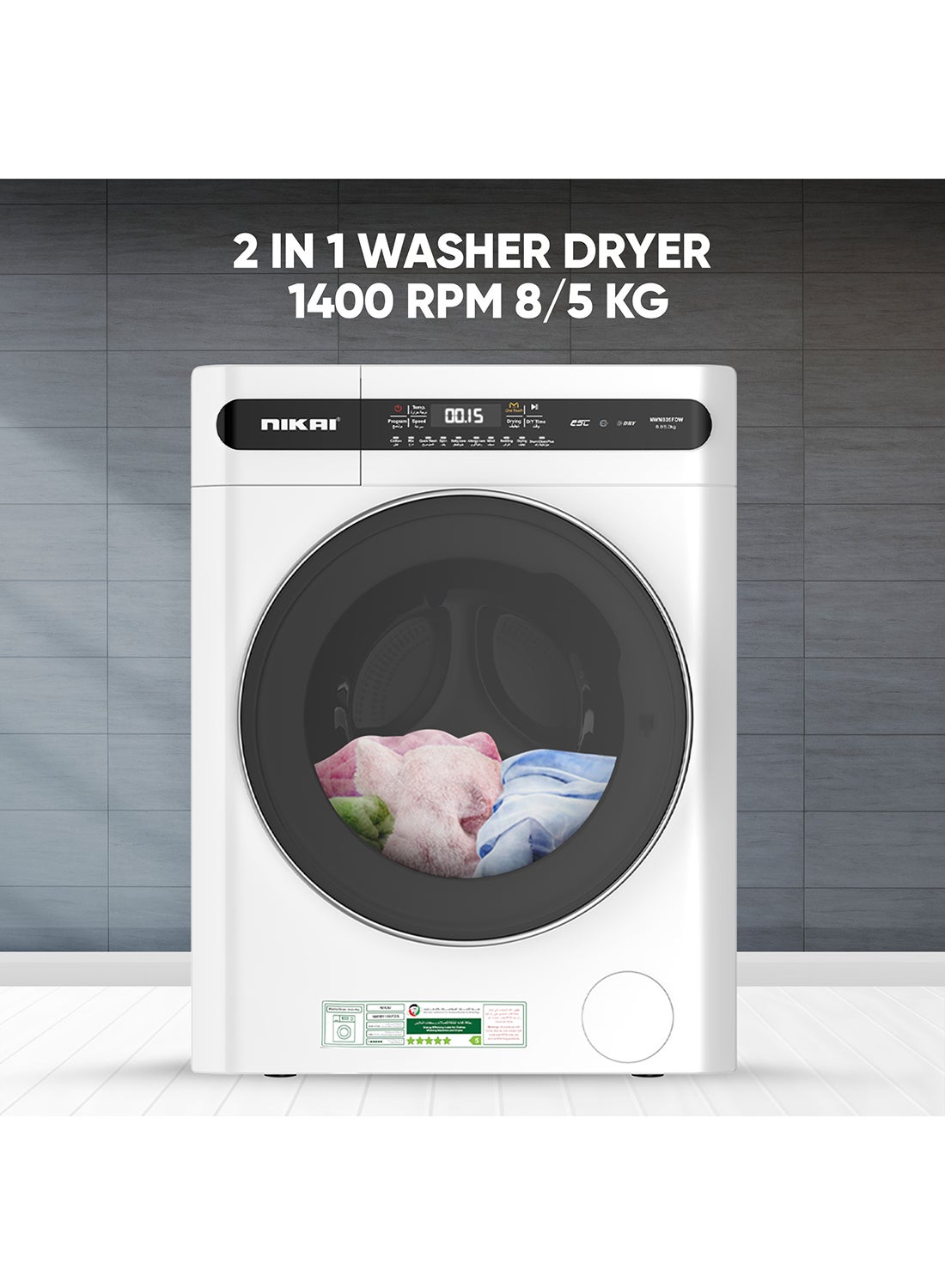 Compare 85 Premium Combo Washer Dryer With 18 Programs,Digital Panel Fully Automatic 8kg Washing Machine With 5KG 100% Dryer, One Touch Washing Program, Child Safety Lock 2000 W 8 kg 2000 W NWM805FDW White at KSA Price