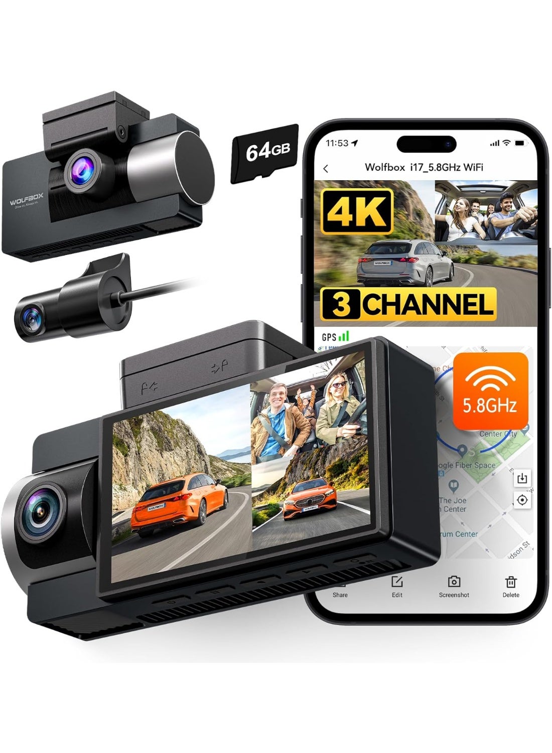 i17 4K 3 Channel Dash Cam, 5.8GHz WiFi &…