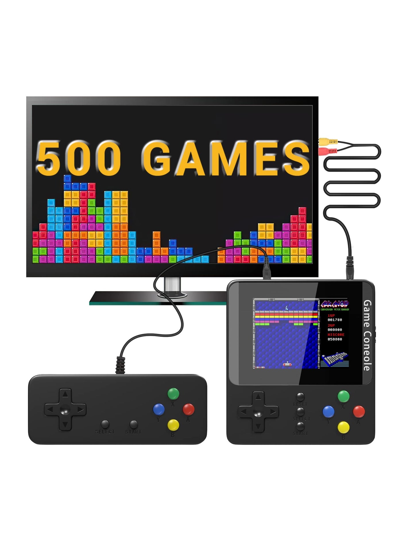 Compare Handheld Game Console, Retro Mini Game Console with 500 Classic Games, Rechargeable Battery, Portable Games Controller, Support for 2 Players  TV, Ideal Gift for Kids, Friend, Lover Black at KSA Price