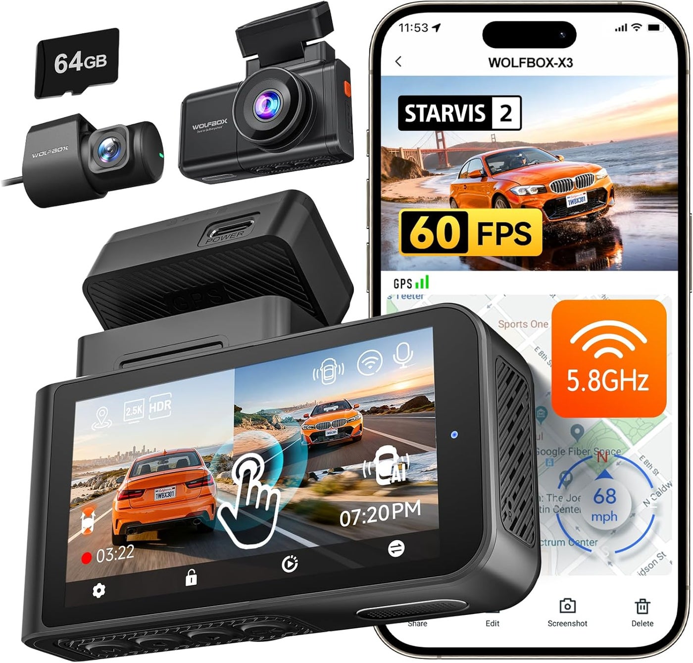 Compare WOLFBOX X3 2.5K 60FPS Dual Dash Cam with WiFi & GPS at KSA Price