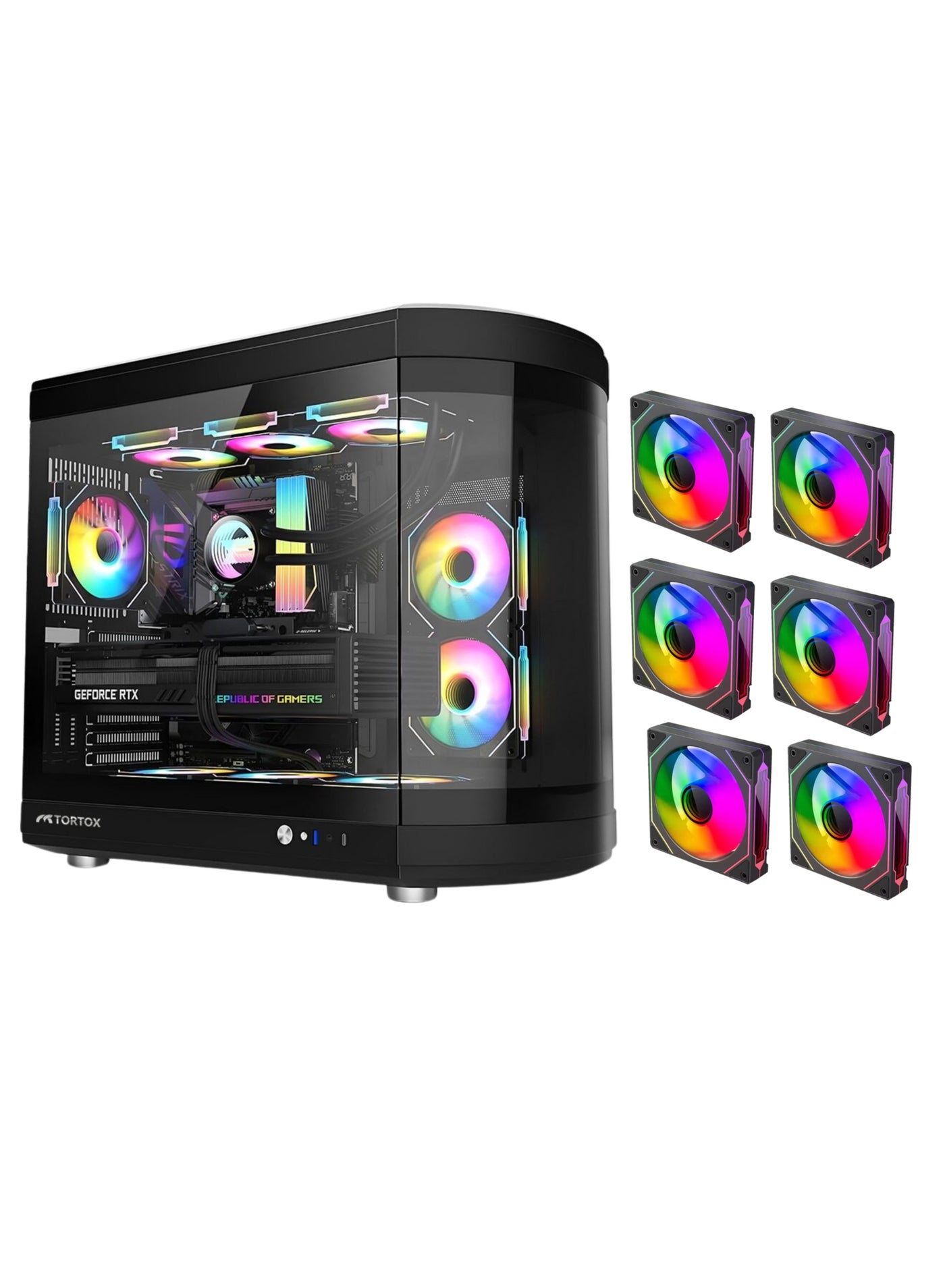 Compare Tortox Vidrio Curved Tempered Glass ATXMATXMiniITX Gaming PC Case, 6 ARGB PWM Fans PreInstalled, TypeC USB Port, 360mm Radiator Support, Excellent Airflow at KSA Price