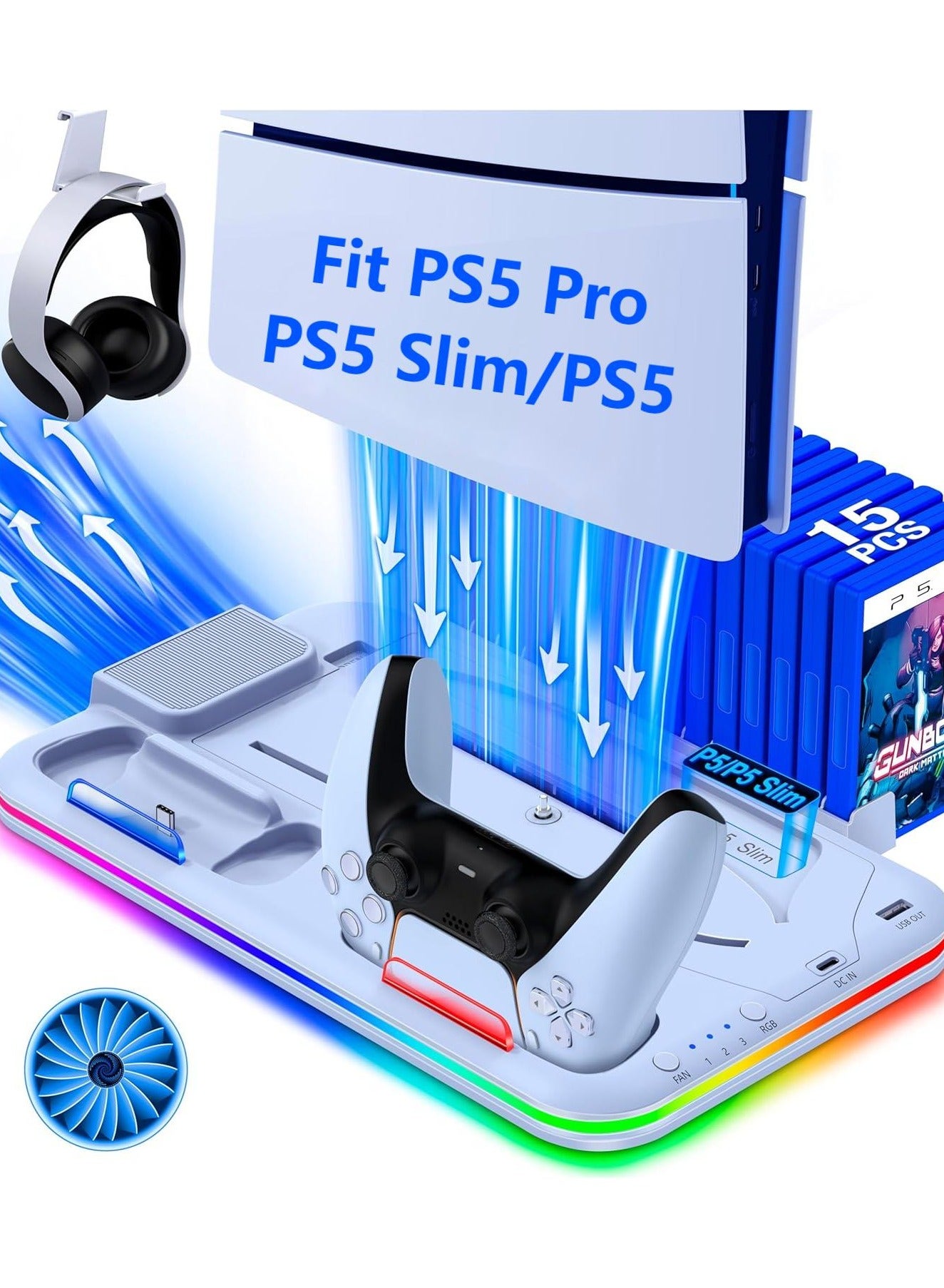 Compare PS5SlimPro Stand and Cooling Station for PlayStation 5 Consoles, PS5ProSlim Accessories with 3Level Cooler Fan, PS5 Controller Charger, Cooling Satnd, Headset Holder, 15 Game Slots, White at KSA Price
