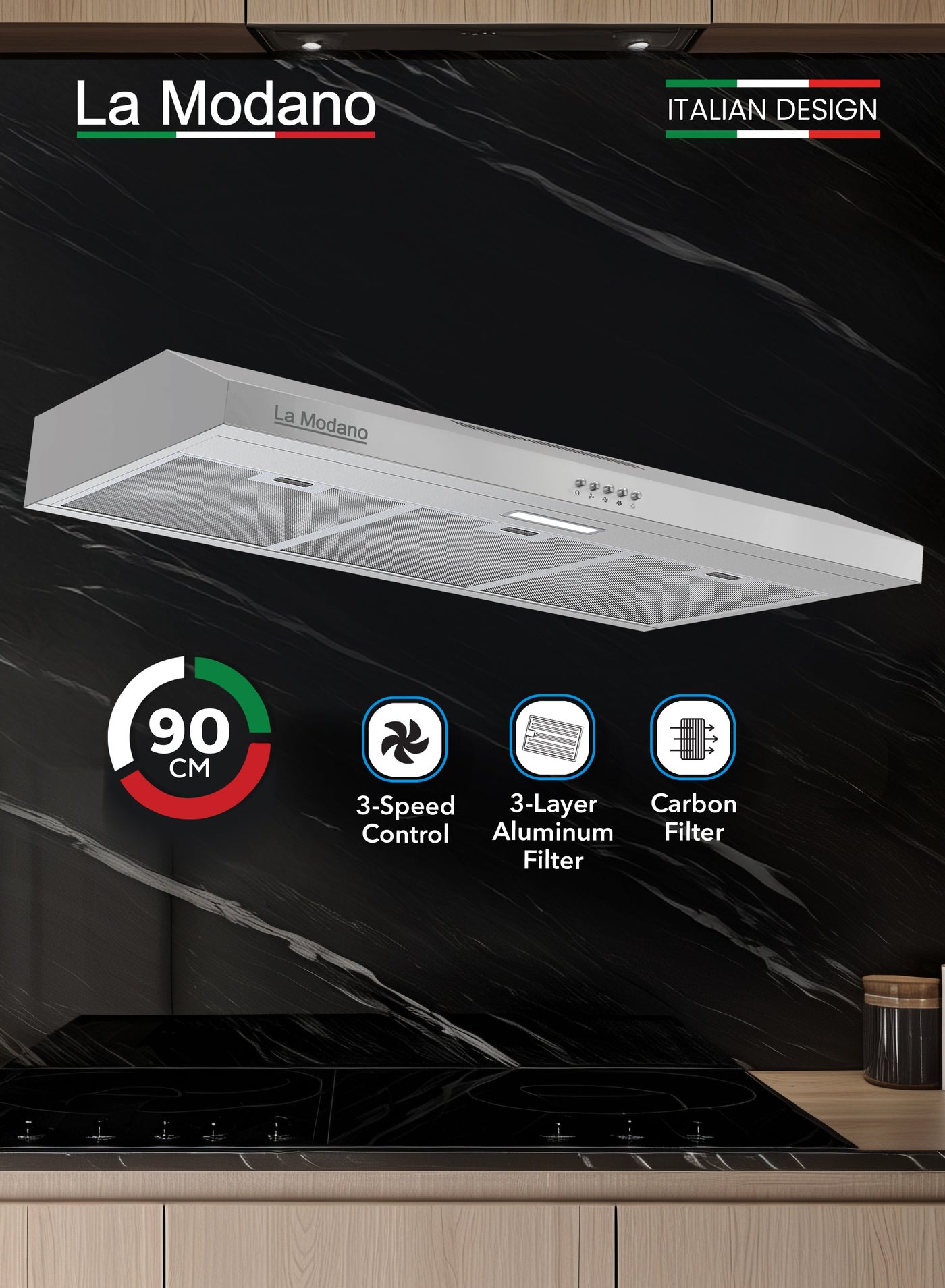Compare LA MODANO Slim Stainless Steel 90cm BuiltIn Kitchen Hood with 3Speed Control, LED Lighting, and Carbon Filter LMCH906S at KSA Price
