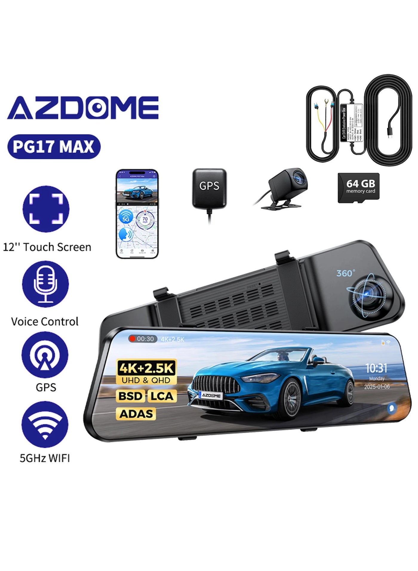 PG17 Max 4K+2.5K Mirror Dash Cam with Hardwire…