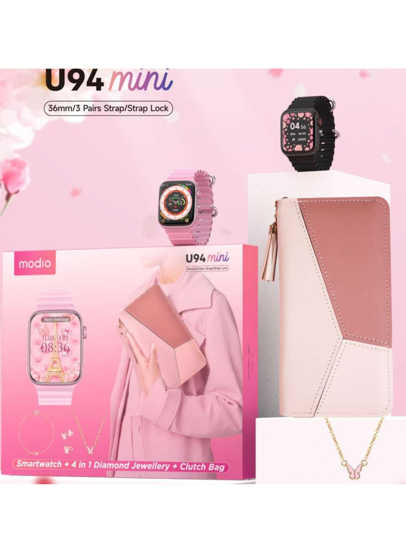 Compare U94 Mini Smartwatch 36MM with Diamond Jewelry & Clutch Bag, 3 Pairs Strap with Strap Lock, Fitness Tracker, Heart Rate & Sports Mode, Waterproof, Compatible with Android & iOS – Elegant Black at KSA Price