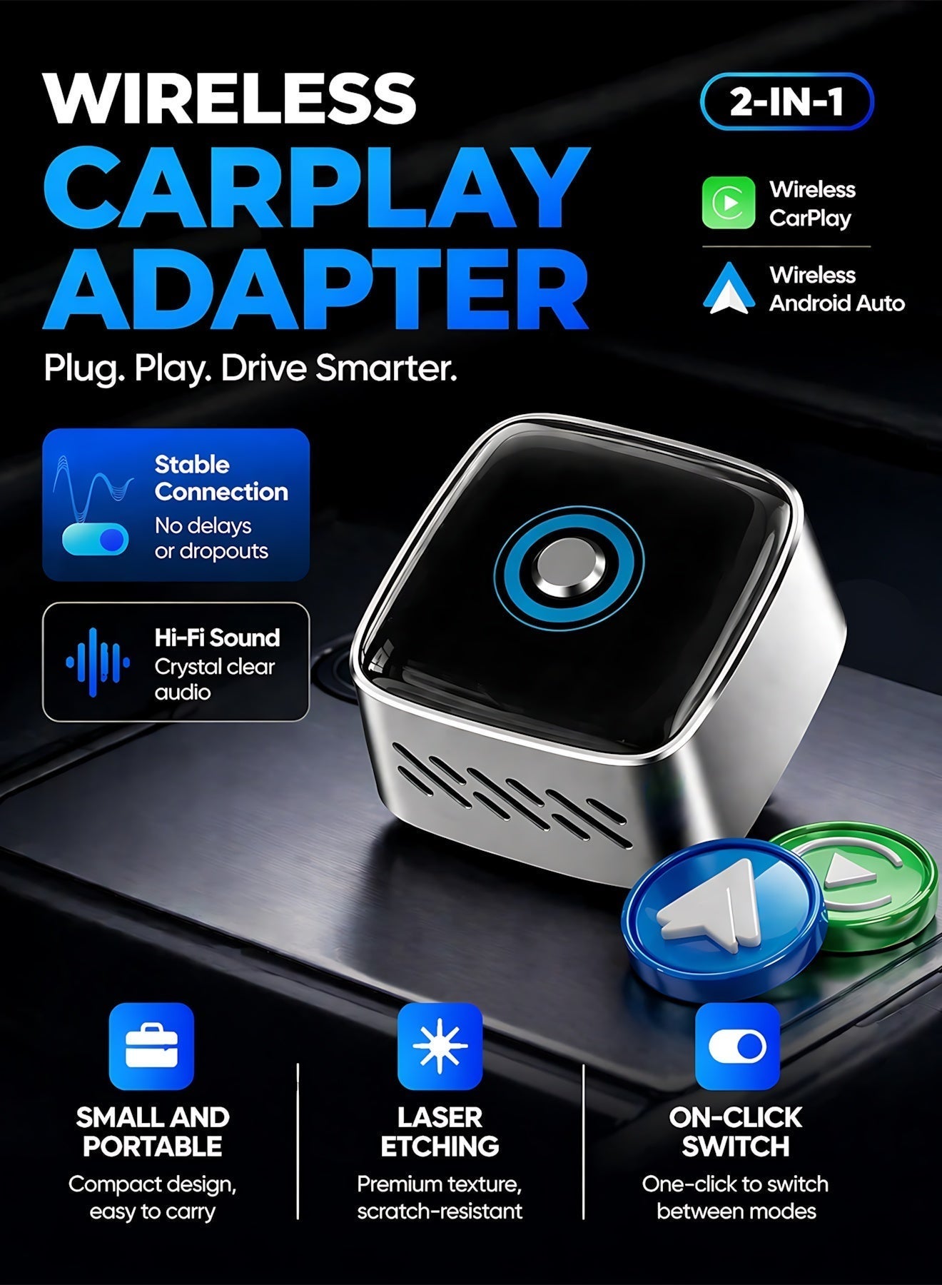Compare Upgrade Mini 2in1 Wireless CarPlay & Android Auto Adapter, Plug & Play Dongle for iPhone & Android,Auto Connect,WiFi 6 & Bluetooth 5.4,with AllinOne Control Button OneTap Disconnect & Easy Switch, Small & Fast at KSA Price