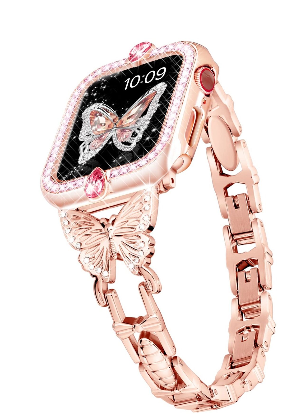 Compare Band Compatible with Apple Watch 42mm 44mm 45mm, Lightweight for Women, Easy Adjustable Bracelet, Shiny Diamond on Butterfly, Jewelry Metal Strap for iWatch Series 7 6 5 4 3 2 1 SERose Gold at KSA Price