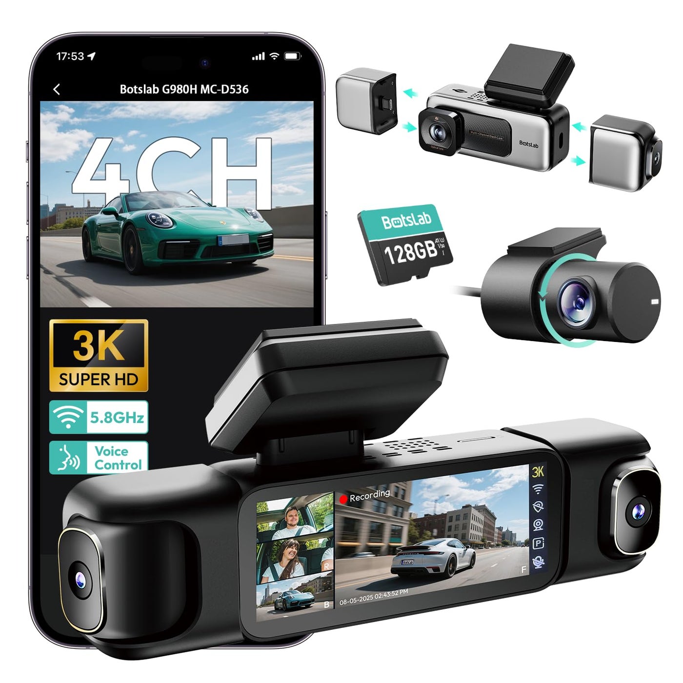 Compare BOTSLAB 4 Channel 360° Dash Cam, Voice Control, Touch Screen, 128GB Card at KSA Price