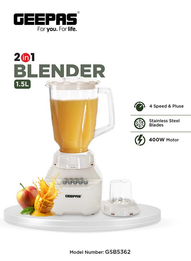 Compare 2in1 Blender, 1.5L Plastic Jar, 4 Speed Control with Pulse | Over Heat Protection , Powerful Motor | Chopper, Coffee Grinder & Smoothie Maker 1500 ml 400 W GSB5362 Beige at KSA Price