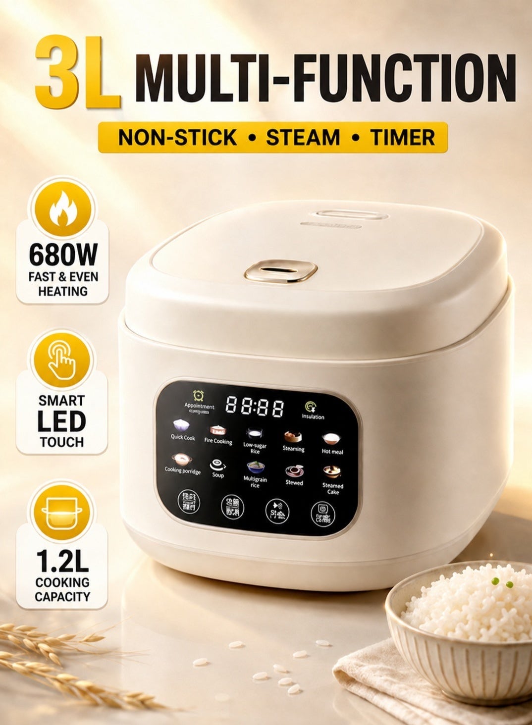 3L Multi-Function Rice Cooker, 680W Electric Rice…