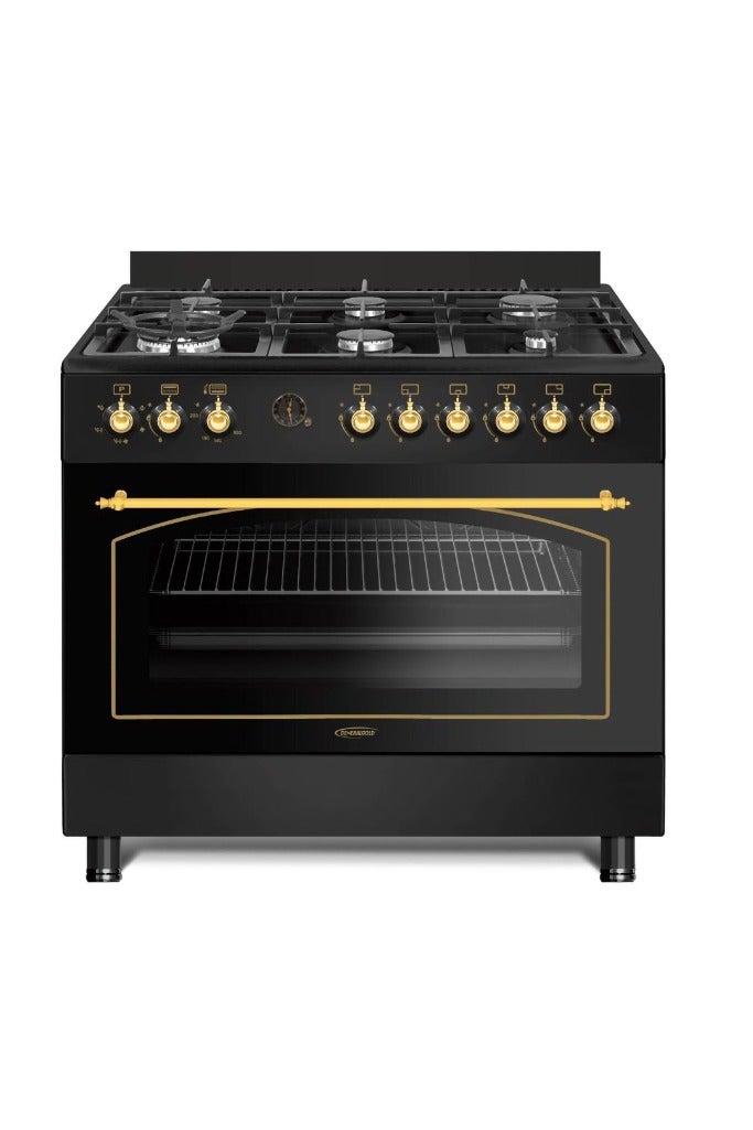 Compare General Gold 90x60 cm Freestanding Gas Cooker 6 Burner, Dual Wok, Automatic Ignition, Gas Oven, Grill with Triple Glass Door, Full FFD Safety, Rotisserie, Cooling Fan, Heavy Duty Cooking Range Stove at KSA Price