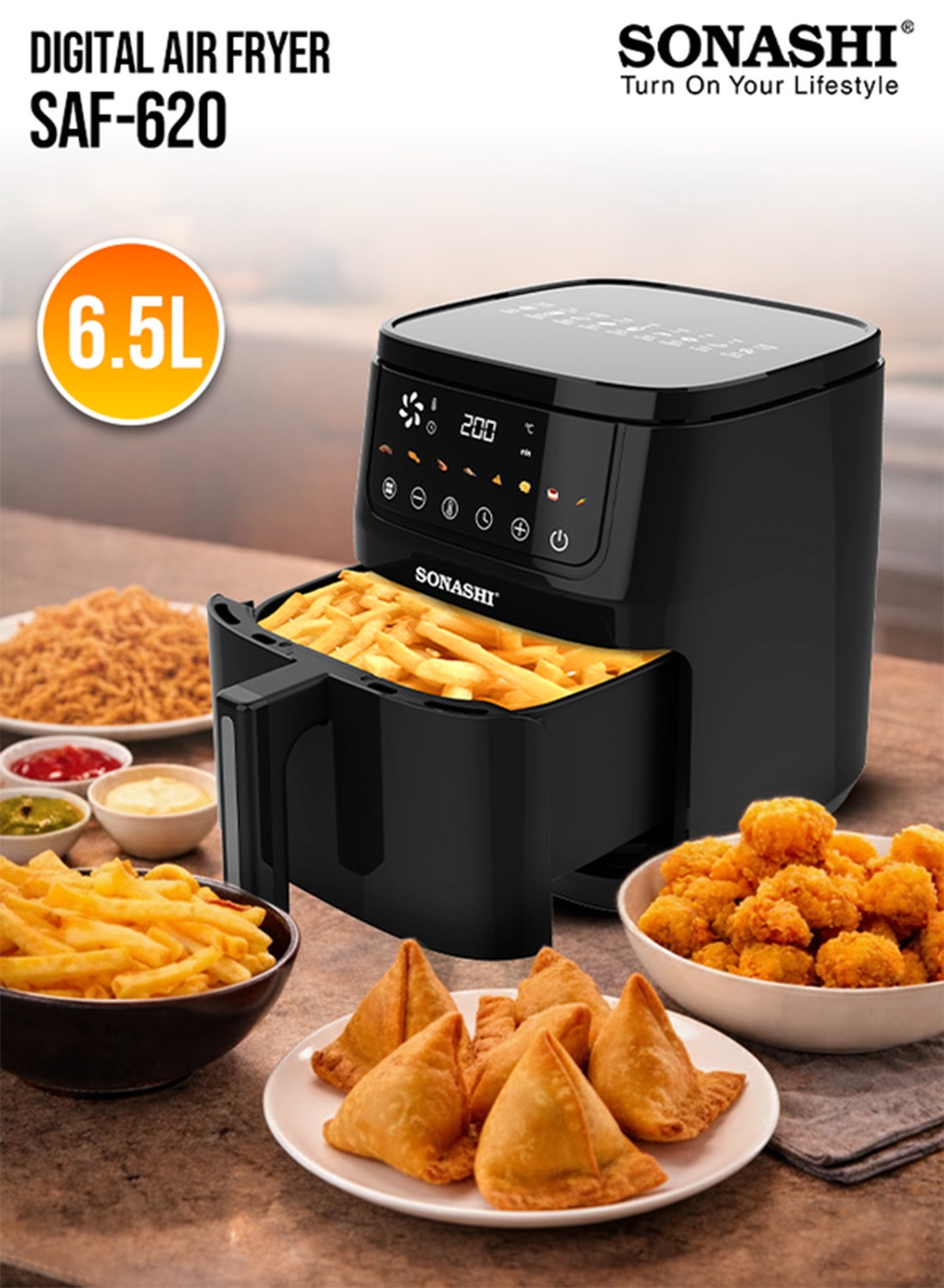 Compare Digital Air Fryer | 6.5L NonStick Pan | Colorful LED Touch Display | 8 AutoCook Menus with Shake Reminder | 360° Air Circulation | Automatic ShutOff & Overheat Protection | 1600W SAF620 Black 6.5 L 1600 W SAF620 BlackSilver at KSA Price