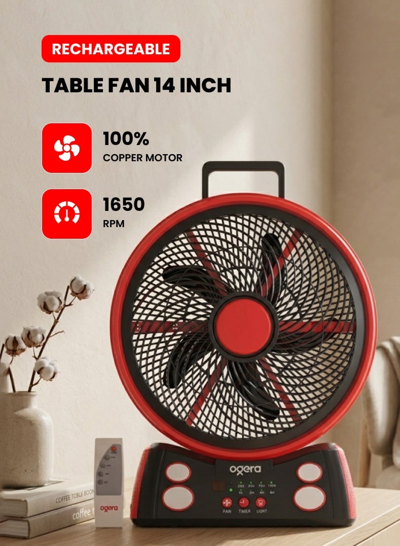 Compare Rechargeable Table Fan 14 Inch | 6Speed Digital Control | 1650 RPM Copper Motor | SMD LED Night Light | Remote Control | Timer Function | 12V 7Ah LeadAcid Battery | 2Year Warranty | OG1901RFN at KSA Price