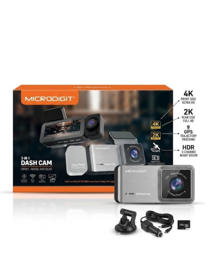 Compare MICRODIGIT MDC82 3in1 Dash Cam – Front, Inside & Rear Cameras | Full HD Car DVR | Night Vision | Parking Monitor | Loop Recording at KSA Price