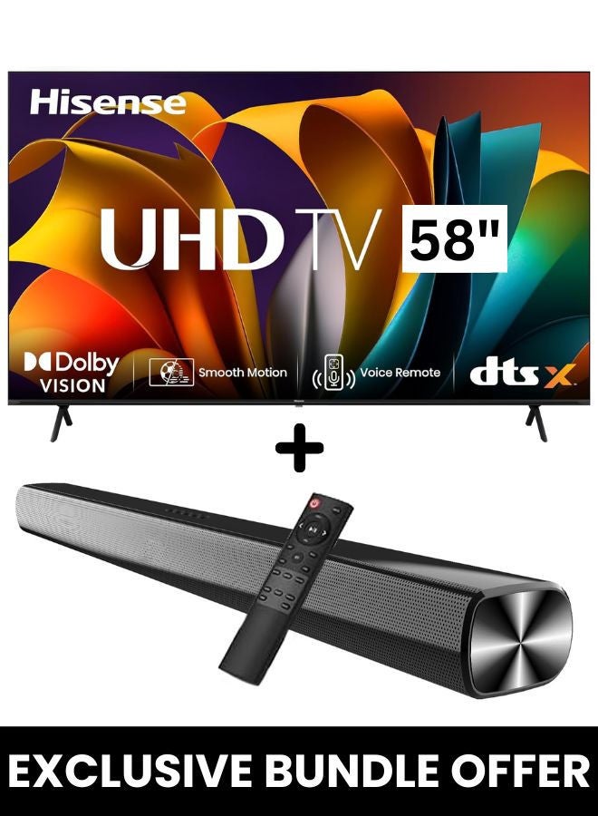 Compare 58Inch A61N 4K UHD LED Smart TV + Powerful 2.0 Ch Soundbar | VIDAA Smart OS, 60 Hz, HDR10, 4K AI Upscaling, Direct Full Array | USB, HDMI ARC, Bluetooth  58A61N+SOUNDBAR 2024 58A61N+SOUNDBAR black at KSA Price