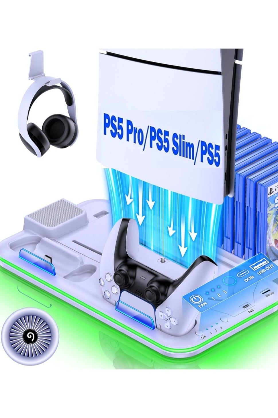 Compare PS5 ProSlimPs5 Stand and Cooling Station with Controller Charging Station for Playsation 5 Disc Digital Consoles. LED Dock Cooler for Sony Playstation 5, Console Support Base, 3 Levels Cooling Fan,USB Hub, Headset Holder, Me at KSA Price