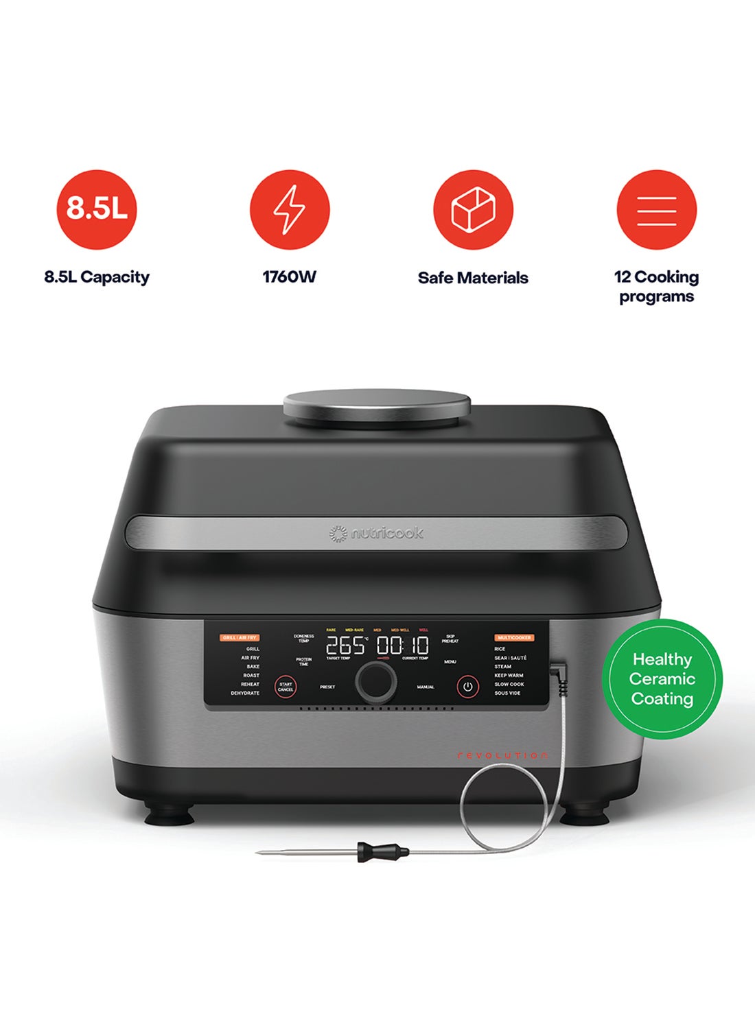 Compare 3in1 Grill, Multicooker And Airfryer – Smart Perfect Cook System, Sizzle Max Technology, 6 Cooking Methods Grill, Air Fry, Bake, Roast, Reheat, Dehydrate, Healthy Ceramic Coating, OnePot Meals, 3Year Warranty 8.5 L 1760 W RG600GCC Space Grey at KSA Price