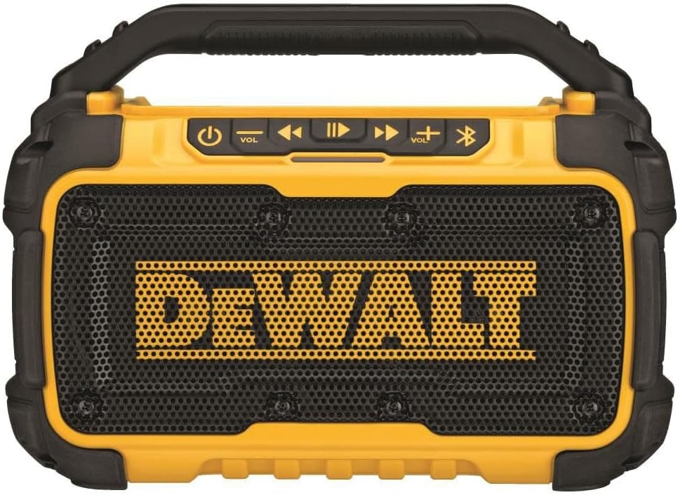 Compare DEWALT 20V MAX Bluetooth Speaker 100 ft Range Durable for Jobsites Phone Holder Included Lasts 810 Hours with Single Charge DCR010 at KSA Price