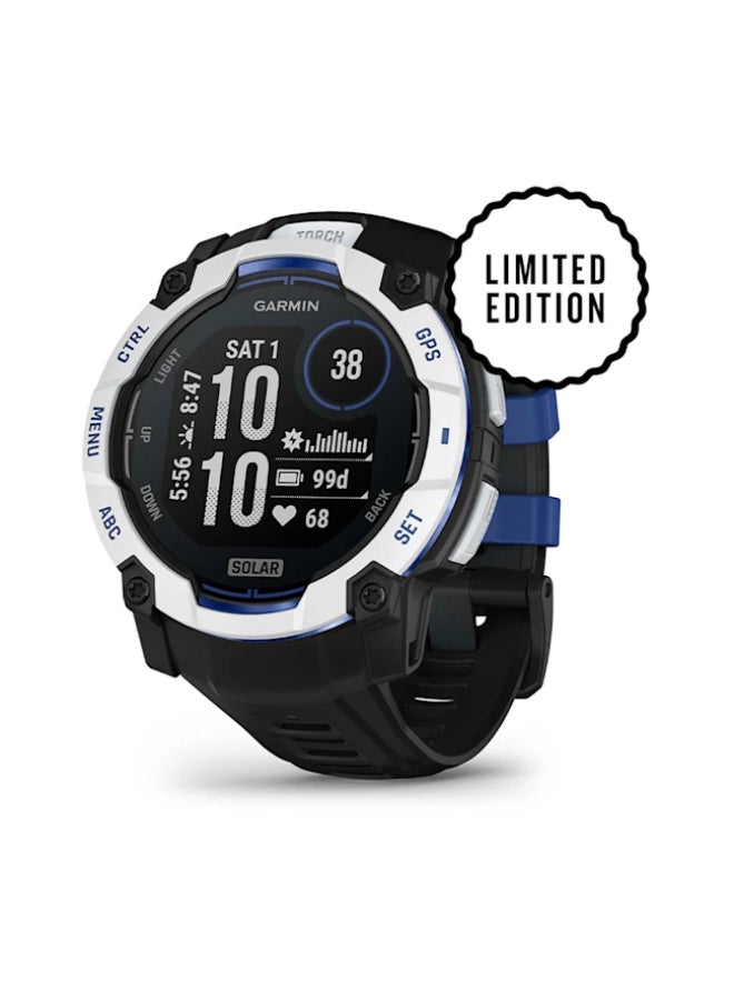 Compare GARMIN Instinct  3 –50  mm, Whitestone with BlackBolt Blue Silicone Band | Solar Smartwatch with Unlimited Battery Life | Rugged Design, Builtin Flaslight, Smart Notification black at KSA Price