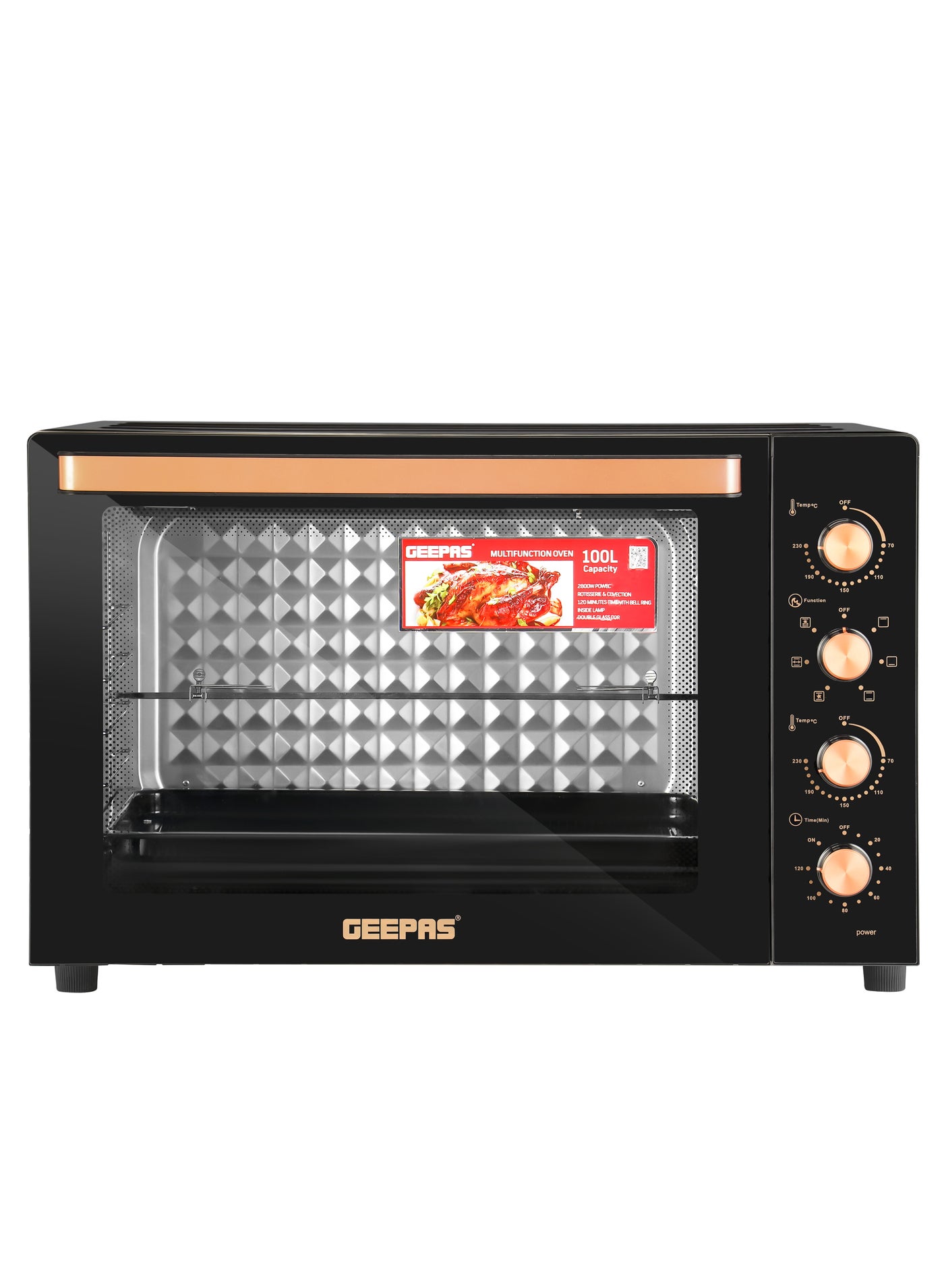 Compare Multifunctional Oven With Rotisserie, Convection Functions and Inner Lamp| Easy to Use Control Knobs, 7 Stages Heating Selector, Adjustable Temperature 100 L 2800 W GO34059 Black at KSA Price