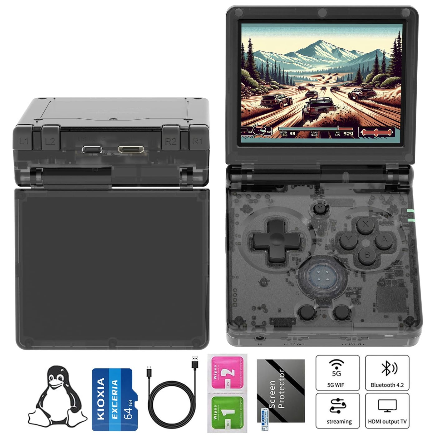 Compare RG35XXSP Handheld Game Console RG35XX SP Clamshell Retro Game Console with 64G TF Card Preloaded Games 5532 Portable Gaming Console with 35 inch Screen 3300mAh Battery 5G WiFi Bluetooth HD Black at KSA Price