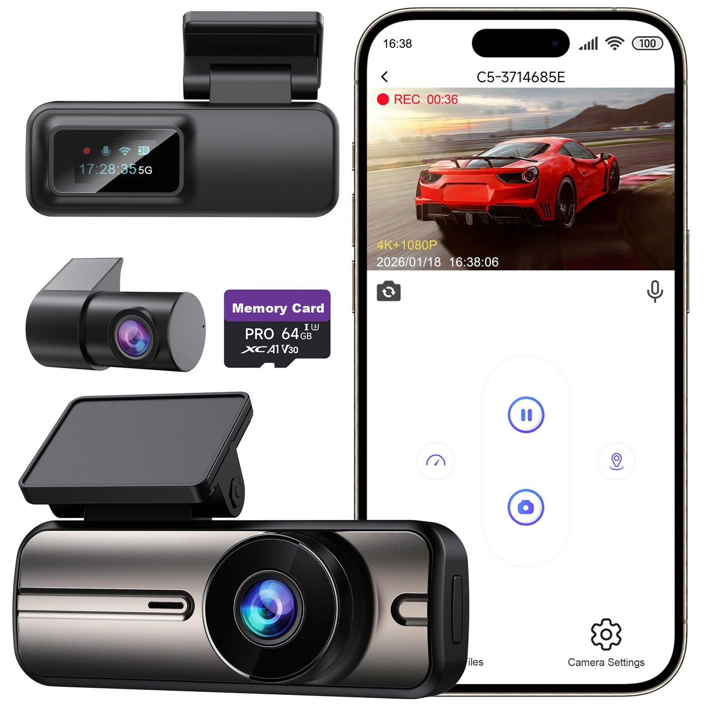 Dash Cam Front and Rear 4K 1080P, 64GB Card…