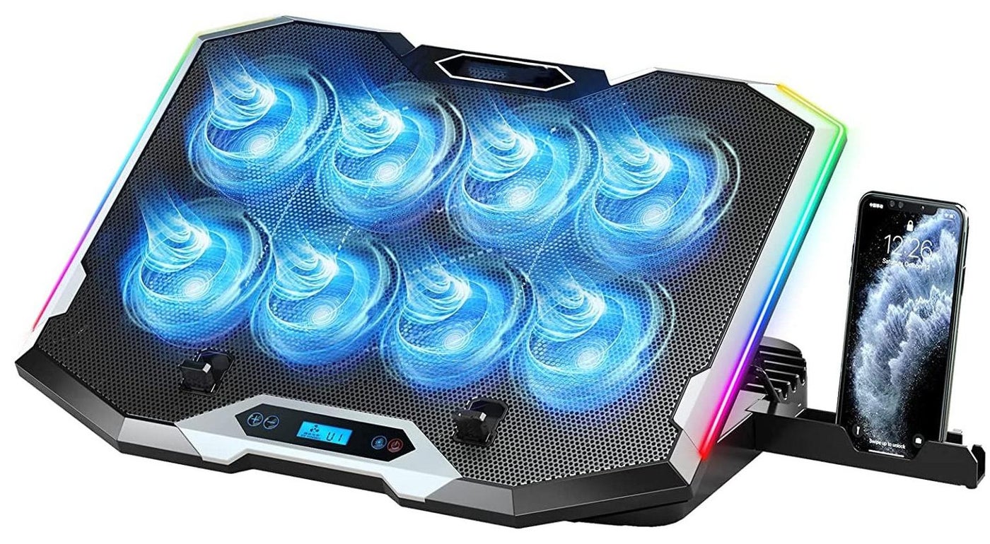 Compare Gaming Laptop Cooling Pad with 8 Cooling Fans, Laptop Fan Cooling Pad for Laptop ,RGB Laptop Cooler Stand with 6 Height Adjustable, Two USB Port, Phone Stand at KSA Price