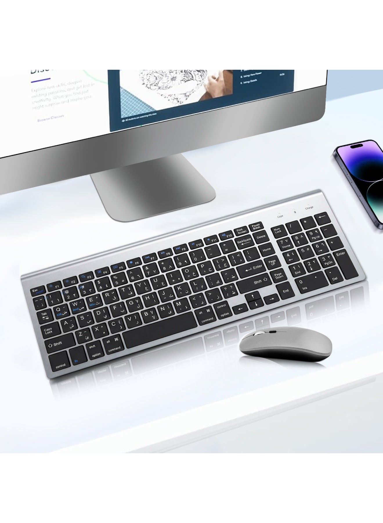 Compare Rechargeable Wireless Keyboard and Mouse ArabicEnglish, 2.4G USB Full Size Keyboard Mouse Combo with Number Pad, 2.4 GHz USB Receiver, Slim Keyboard and Ergonomic Mouse Set Gray at KSA Price