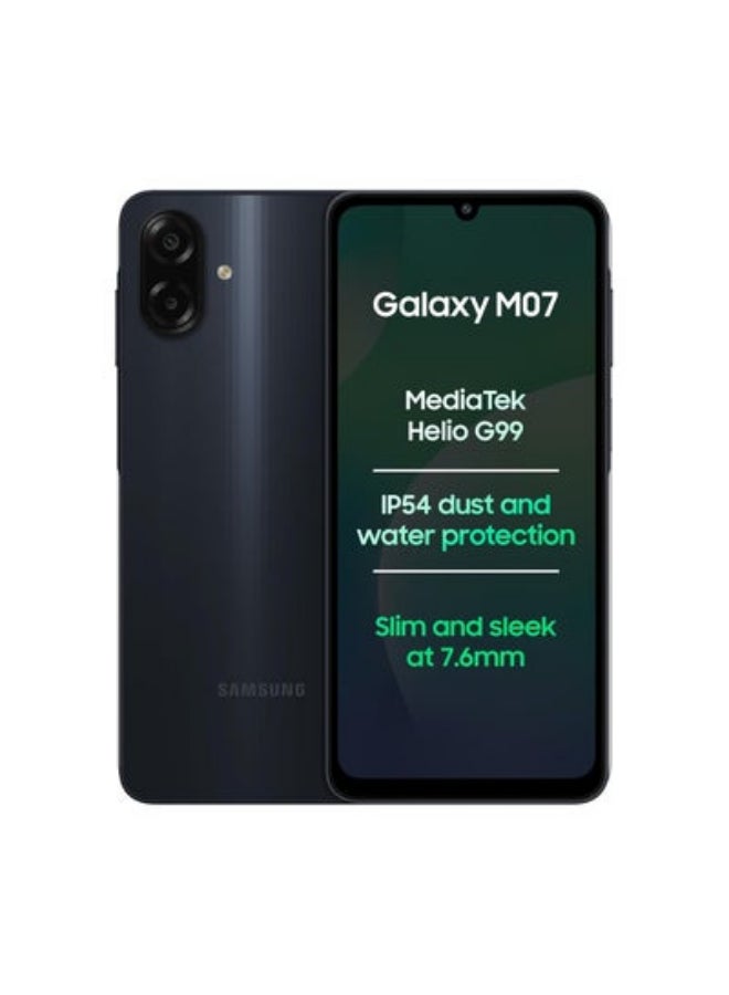 Compare Galaxy M07 Black, 4GB RAM, 64GB Storage | MediaTek Helio G99 | IP54 Rating | 50MP Auto Focus Camera | 7.6mm Slim | 5000mAh Battery| 25W Fast Charging | 6 Gen of OS Upgrades | Without Charger at KSA Price