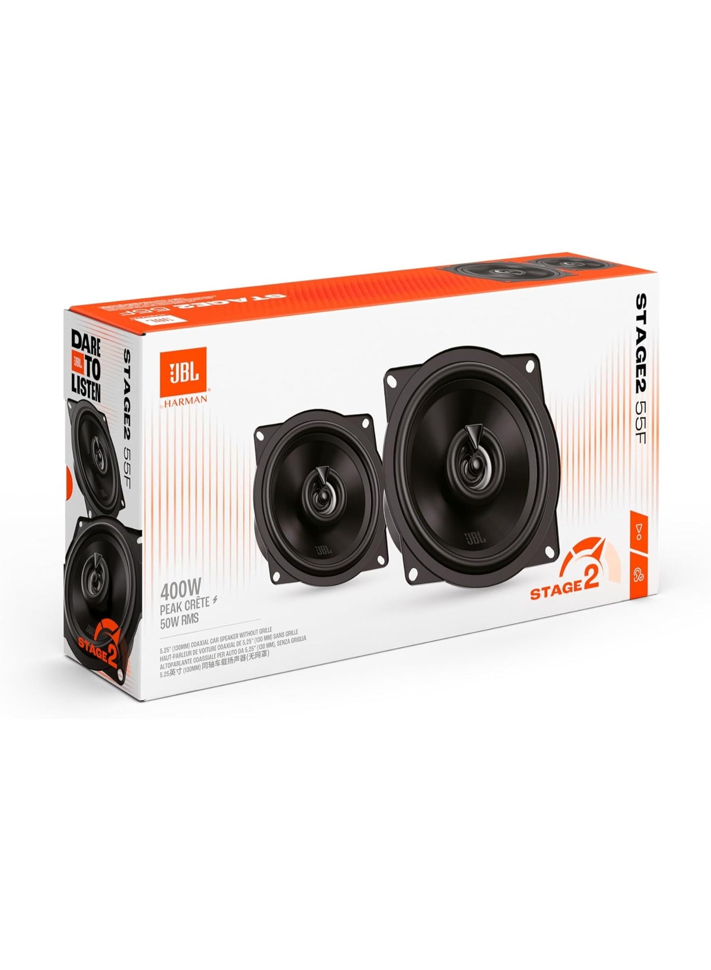 Compare JBL Stage2 GEN2 55F  5.25 Inch 130mm 2Way Coaxial Car Speakers  50W RMS  220W Peak Audio  OEM Replacement  Compact Fit  Easy Install  No Grille  Pair | 50 W RMS  400 W Peak, 89 dB, 4 Ohm, 55 Hz20 kHz  Gridless Pair, Plus One Polypropylene Woofer and PEI Tweeter at KSA Price