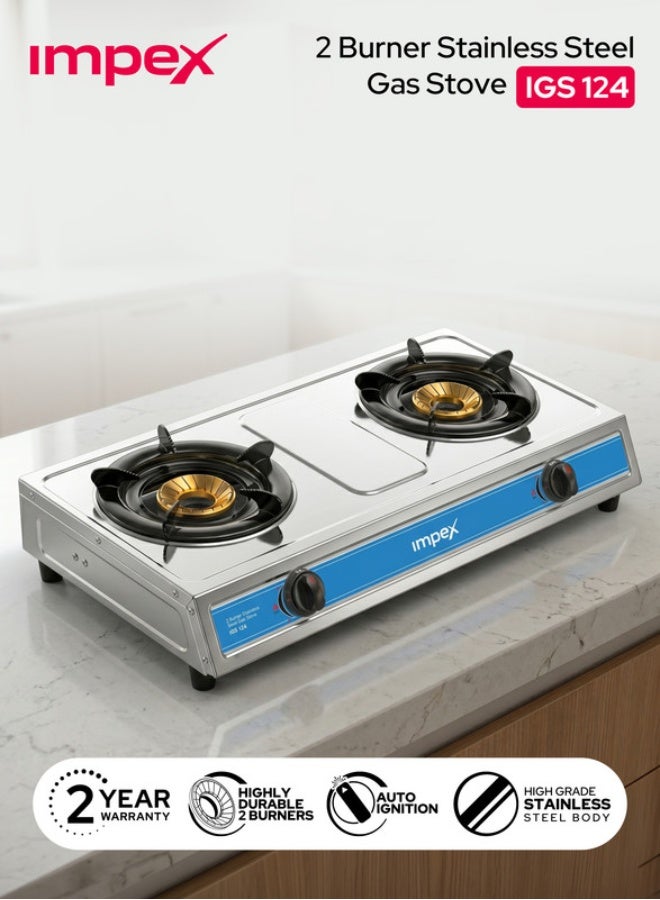 Compare 2Burner Stainless Steel Gas Stove Aesthetically Designed, High Impact Stainless Steel Body, Spill Tray for Cleanliness, HighEfficiency Blue Flame, Auto Ignition Knobs, 2Year Warranty IGS 124 Silver at KSA Price