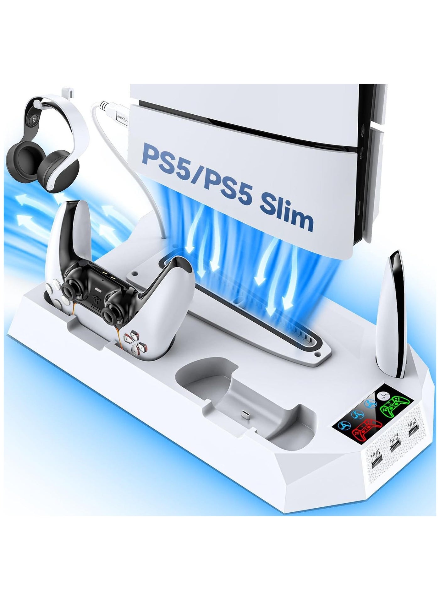 Compare PS5 Stand, PS5 Slim Stand with Cooling, Charging Station & RGB LED  Fits PS5 Standard & Slim Consoles DiscDigital | Dual Controller Charger, Turbo Fan, 3 USB Ports & Headset Holder, White at KSA Price