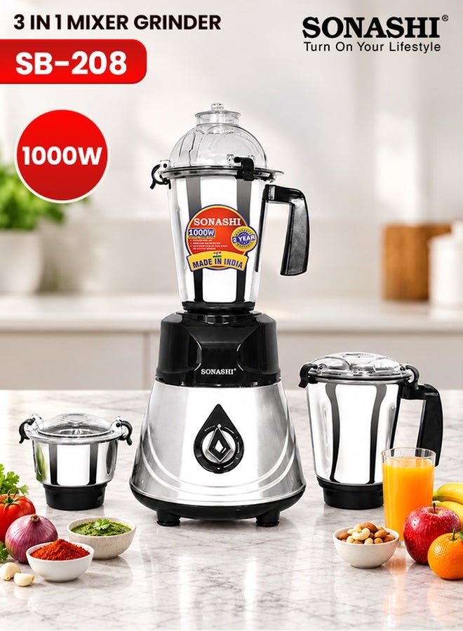 Compare 3in1 Mixer Grinder with 3 Stainless Steel Jars & Sharp Blades 1000W, Motor Overheat Protection, 3 Speeds + Pulse, Safety Lock, ABS Body, Liquidizing, Dry & Chutney Jars Included, SB208 1.5 L 1000 W SB208 silver at KSA Price