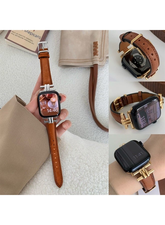 Compare Leather Slim Band Compatible for Apple Watch 38mm 40mm 41mm Band,Genuine Brown Leather IShape Watch Strap Bracelet with Stainless Buckle for iWatch Women Bands Series 8 7 6 5 4 3 2 1 SE at KSA Price