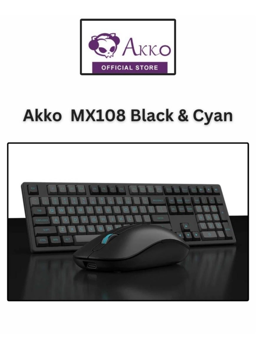 Compare AKKO MX108 MultiDevice Wireless Keyboard & Mouse Combo, MX108 Bluetooth + 2.4G Cordless Wireless for Mac OS and Windows Laptop, Desktop, 108 Keys FullSize Slim Black & Cyan at KSA Price